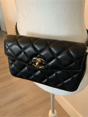 Black Quilted genuine Lambskin Mini Belt Bag with Gold